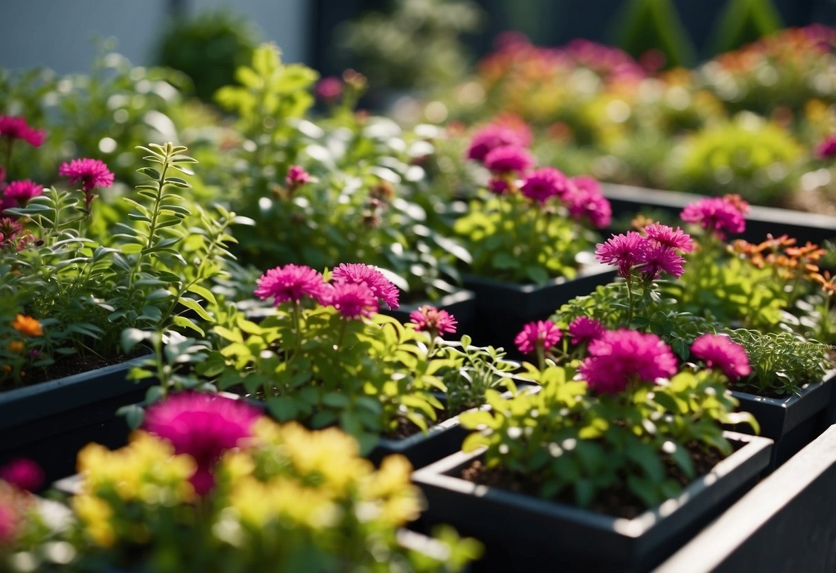 A lush and vibrant rooftop garden with a variety of plants and flowers arranged in a harmonious and visually appealing design