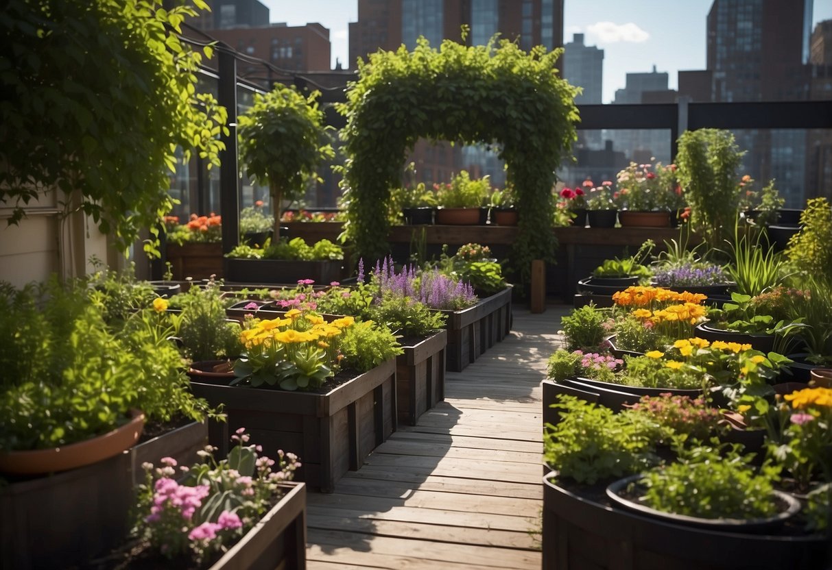 Lush greenery cascades over a rooftop, with vibrant flowers and vegetables thriving in raised beds and containers. A small seating area invites relaxation amidst the urban oasis