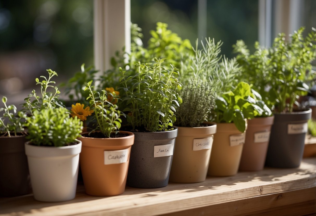 A variety of herbs in pots arranged on a sunny windowsill, with labels indicating their names. A watering can and gardening tools are nearby