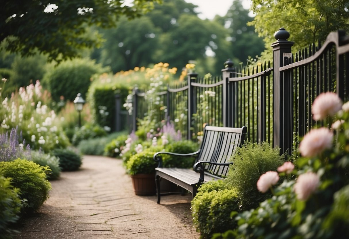 A lush garden surrounded by tall decorative fences for privacy, with blooming flowers, winding paths, and cozy seating areas