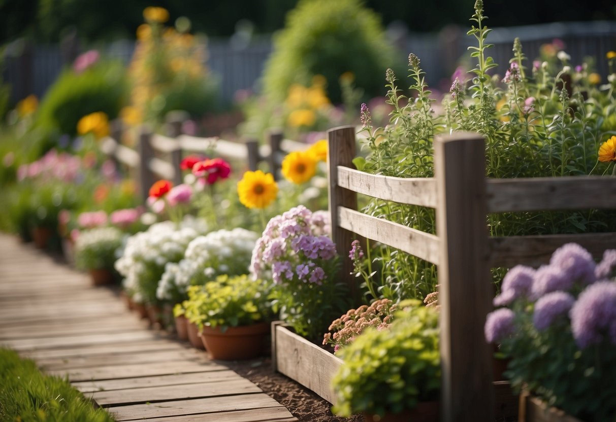 A quaint cottage-style herb garden with neatly arranged raised beds, a rustic wooden fence, and colorful flowers blooming around the edges