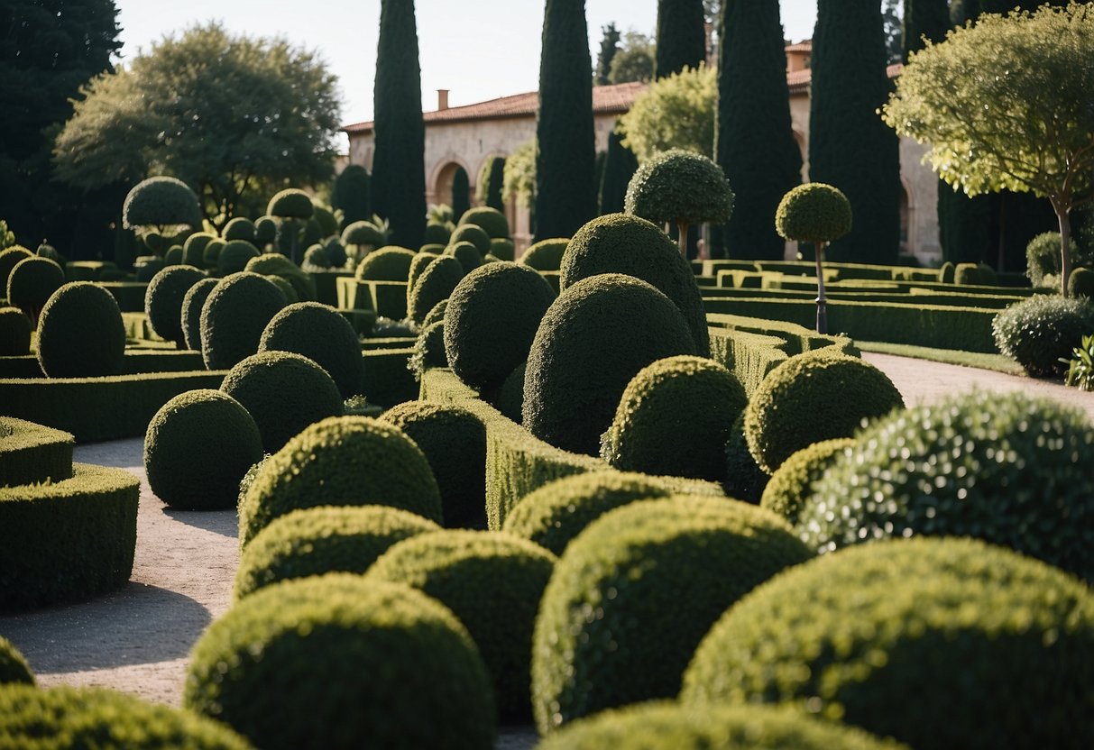 Lush Italian garden with intricate topiaries, classic European architecture, and manicured hedges