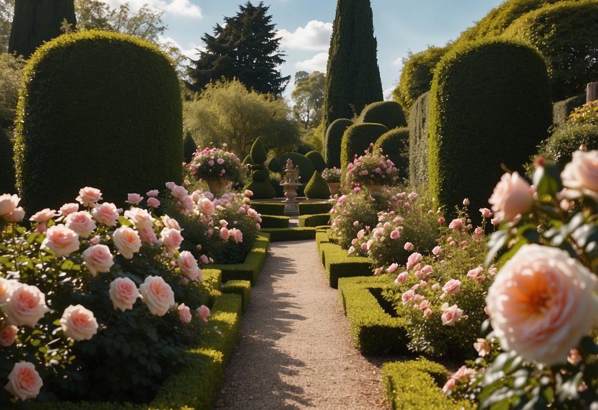 A colorful array of English roses borders a charming European garden, with winding pathways and manicured hedges