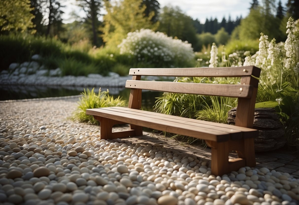 A serene Scandinavian garden with clean lines, sparse greenery, and natural materials. A simple wooden bench sits against a backdrop of white pebbles and a small pond