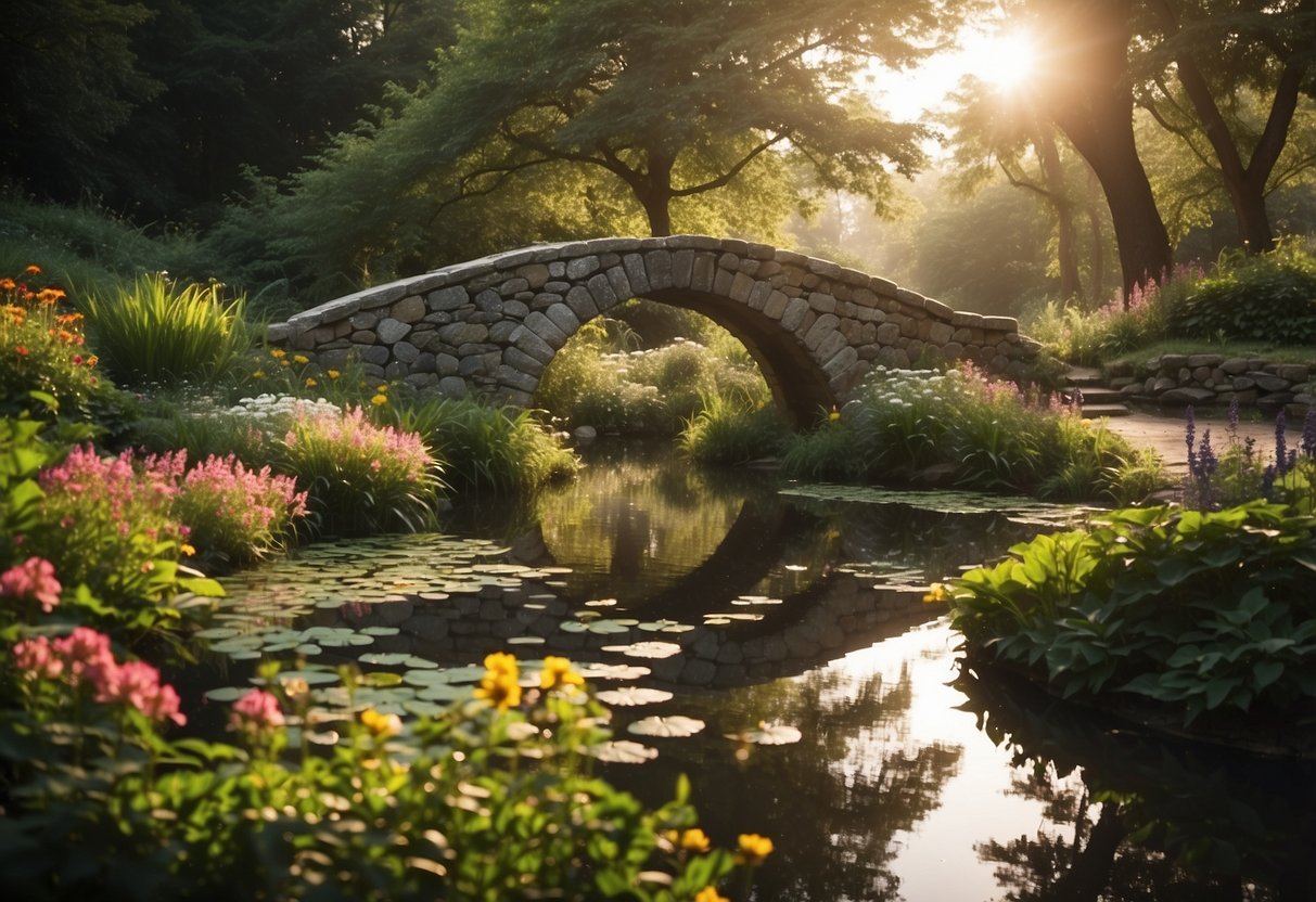 Sunlight filters through the dense canopy, illuminating a lush garden of vibrant flowers and winding pathways. A serene pond reflects the surrounding greenery, while a charming stone bridge adds a touch of whimsy to the enchanting woodland scene