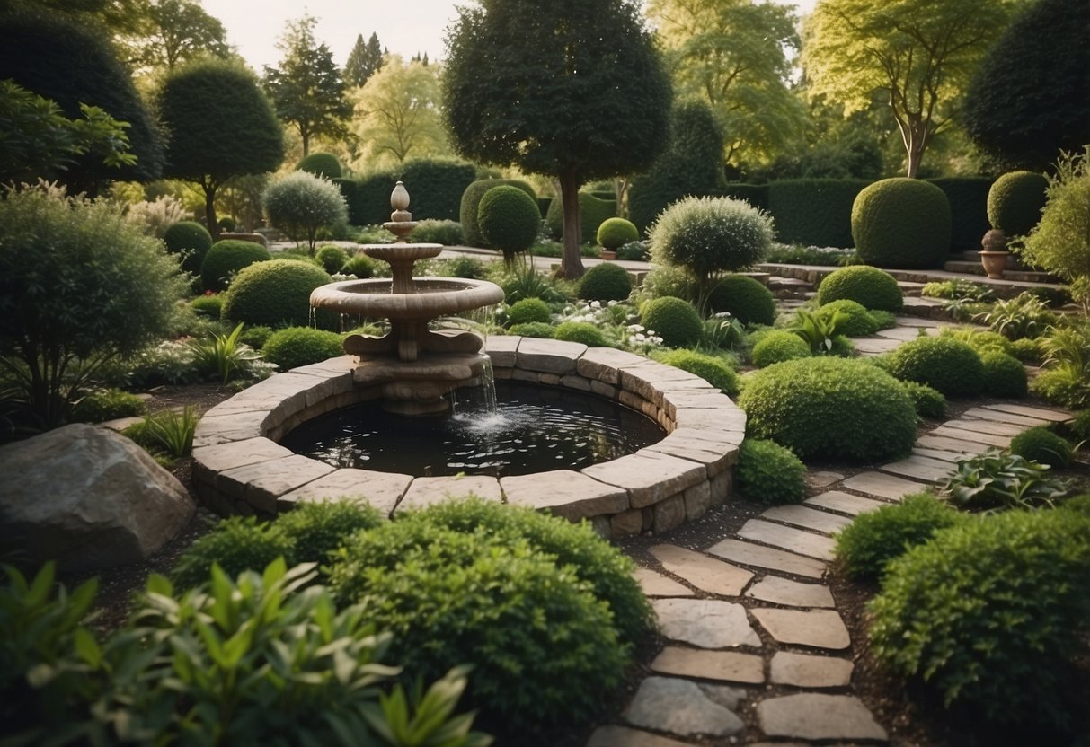 A serene European garden with a Zen-inspired design. Stone pathways, lush greenery, and a peaceful water feature create a tranquil space for meditation and relaxation