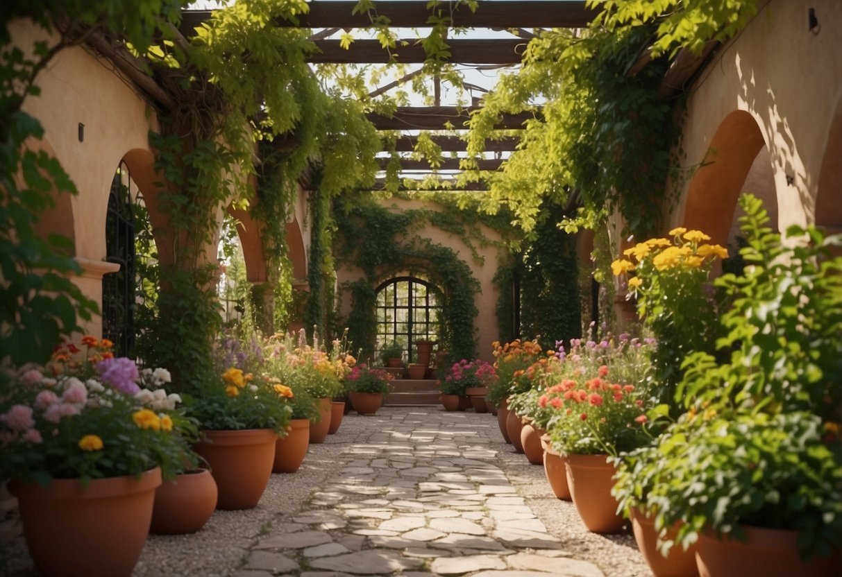 Lush vine-covered pergolas, stone pathways, and terracotta pots filled with colorful flowers create a charming European garden scene