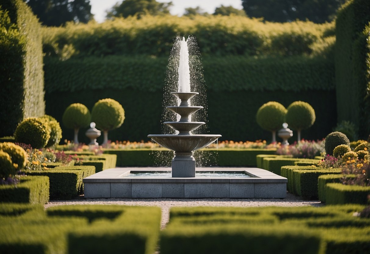 A geometric garden with clean lines and bold shapes, featuring modern sculptures and carefully manicured hedges. Vibrant flowers and a sleek fountain complete the contemporary European-inspired design