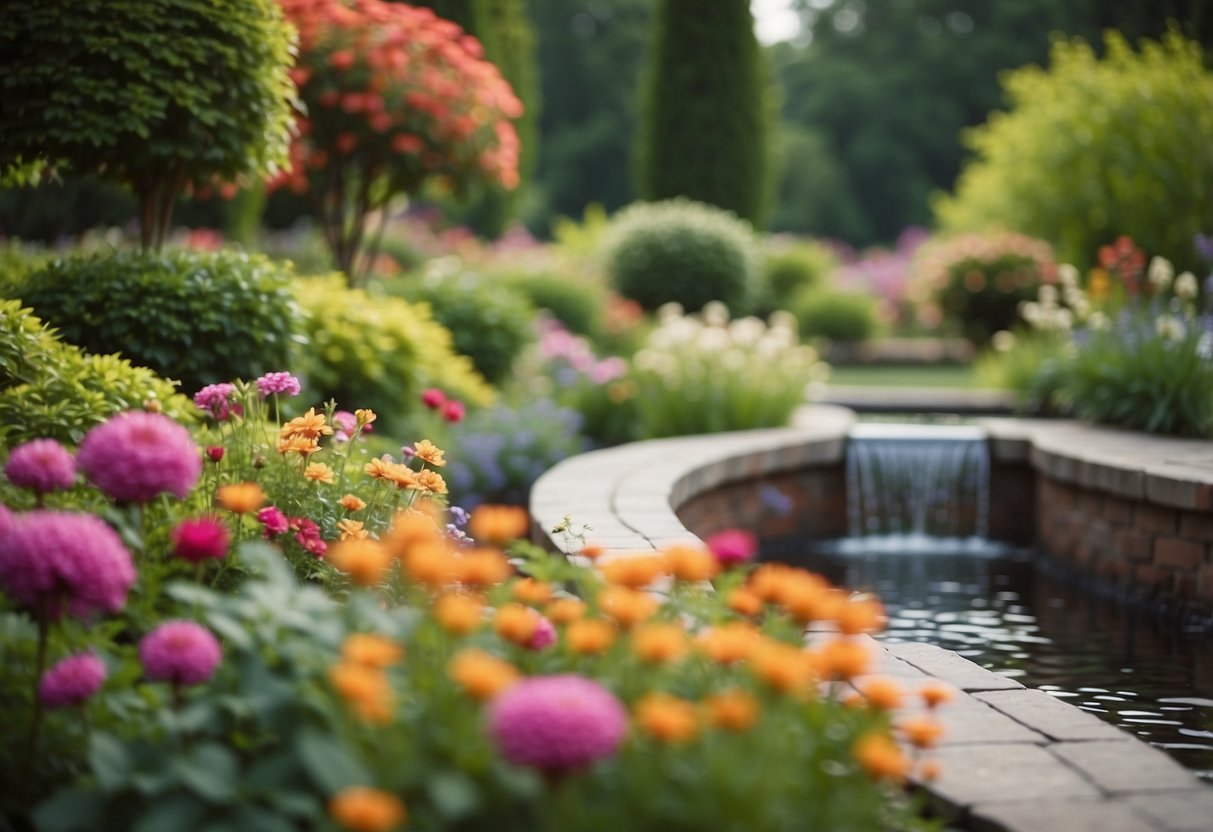 A long, narrow garden with a winding water feature surrounded by lush greenery and colorful flowers