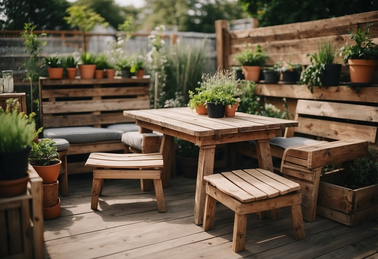 A cozy outdoor space with upcycled garden furniture. A table made from old pallets, chairs from repurposed tires, and a planter box made from reclaimed wood. Unique and sustainable garden ideas