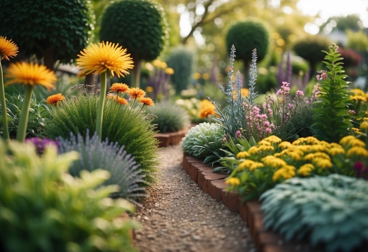 A colorful and whimsical garden filled with unconventional plant arrangements and creative landscaping features