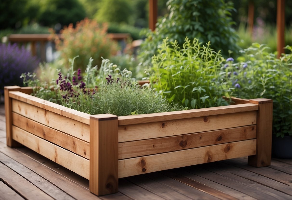 A classic wooden raised bed filled with various herbs and surrounded by a lush garden