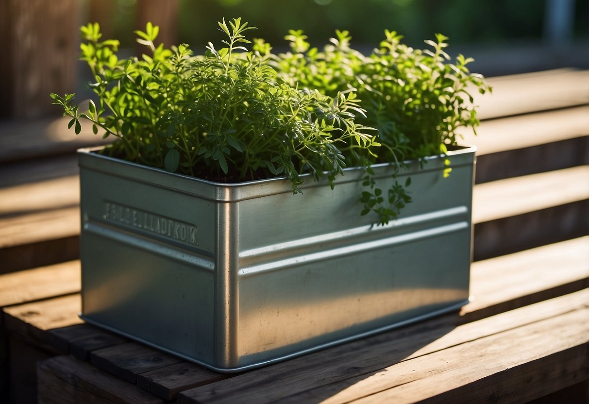 A galvanized metal planter sits on a wooden ledge, filled with vibrant green herbs. The sun shines down, casting shadows on the textured surface