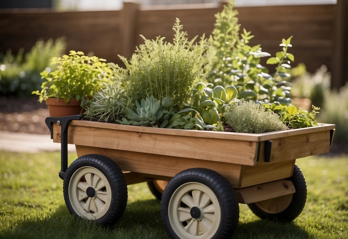 A wheeled garden cart sits next to a raised herb garden, filled with an assortment of herbs and plants. The cart is sturdy and has large, easy-to-grip handles for maneuvering