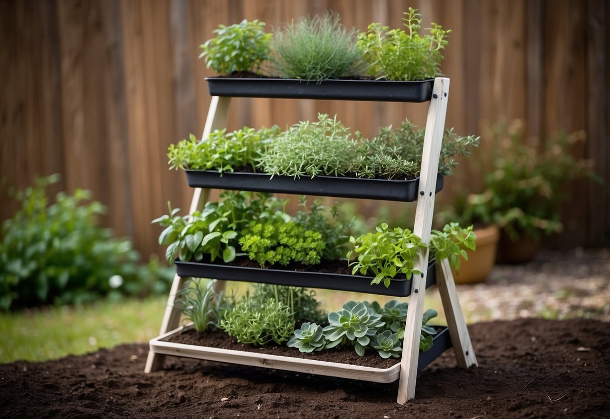 A tiered ladder planter filled with aromatic herbs cascading down each level, creating an organized and visually appealing raised herb garden