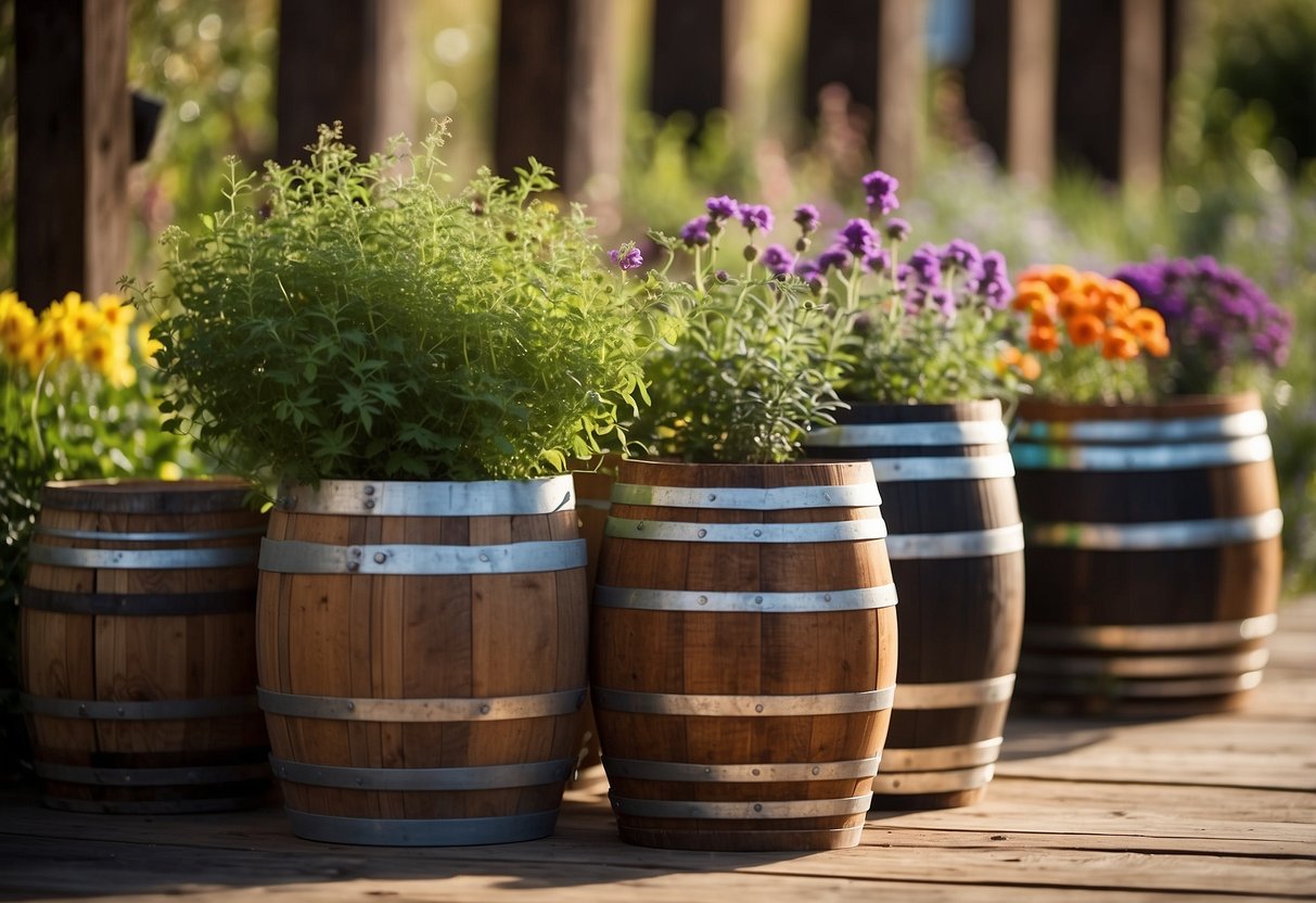 A garden made of wine barrels filled with various herbs, placed in a sunny spot with colorful flowers and a rustic wooden fence