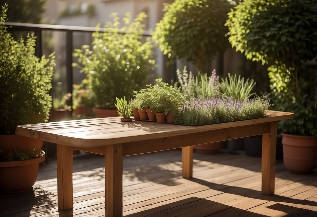 A wooden table on a sunlit patio, lined with pots of aromatic herbs. Greenery spills over the edges, creating a lush and inviting raised herb garden