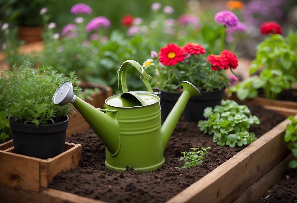 Lush green herbs thrive in a raised garden bed, surrounded by colorful flowers and well-tended soil. A small watering can sits nearby, ready for nurturing care