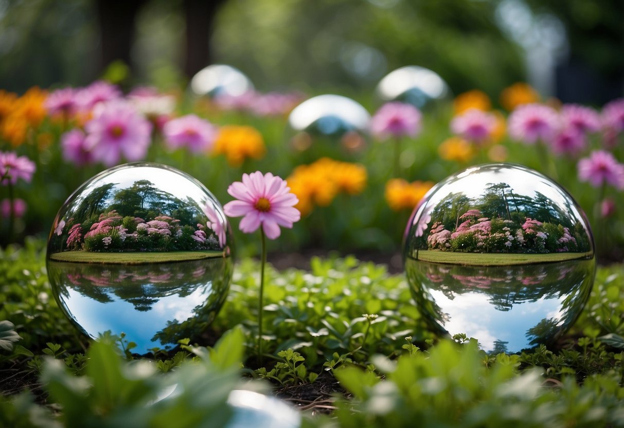 Garden orbs reflect in a mirrored garden, surrounded by lush greenery and colorful blooms