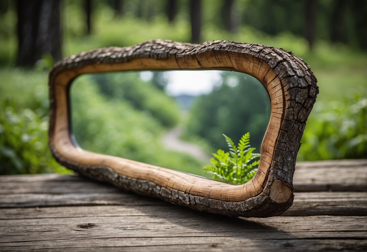 A rustic log mirror hangs on a weathered wooden fence, reflecting the lush greenery of a garden