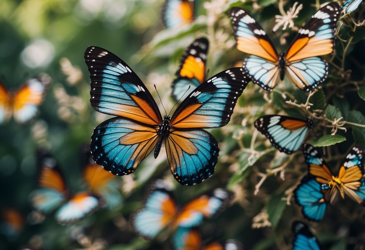 A garden filled with colorful butterflies reflected in wall mirrors