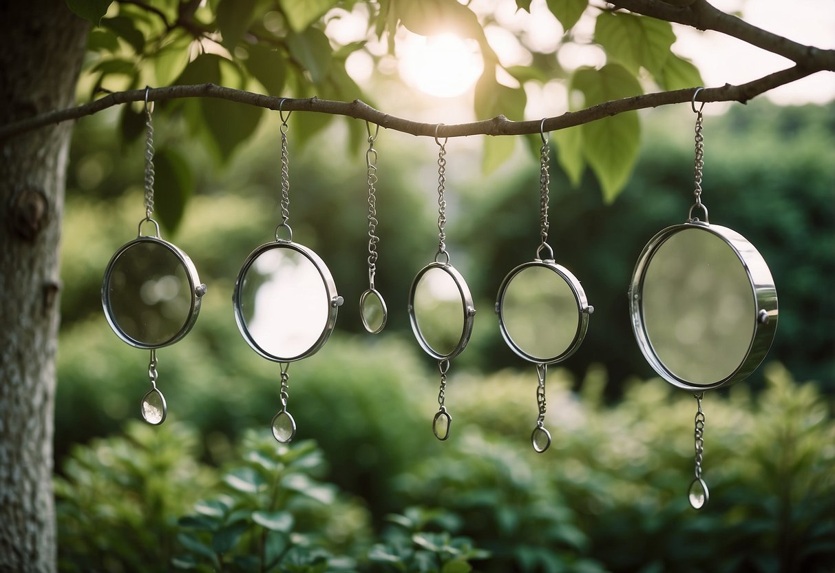 A collection of vintage handheld mirrors hanging from tree branches in a lush garden setting, reflecting the surrounding greenery and flowers