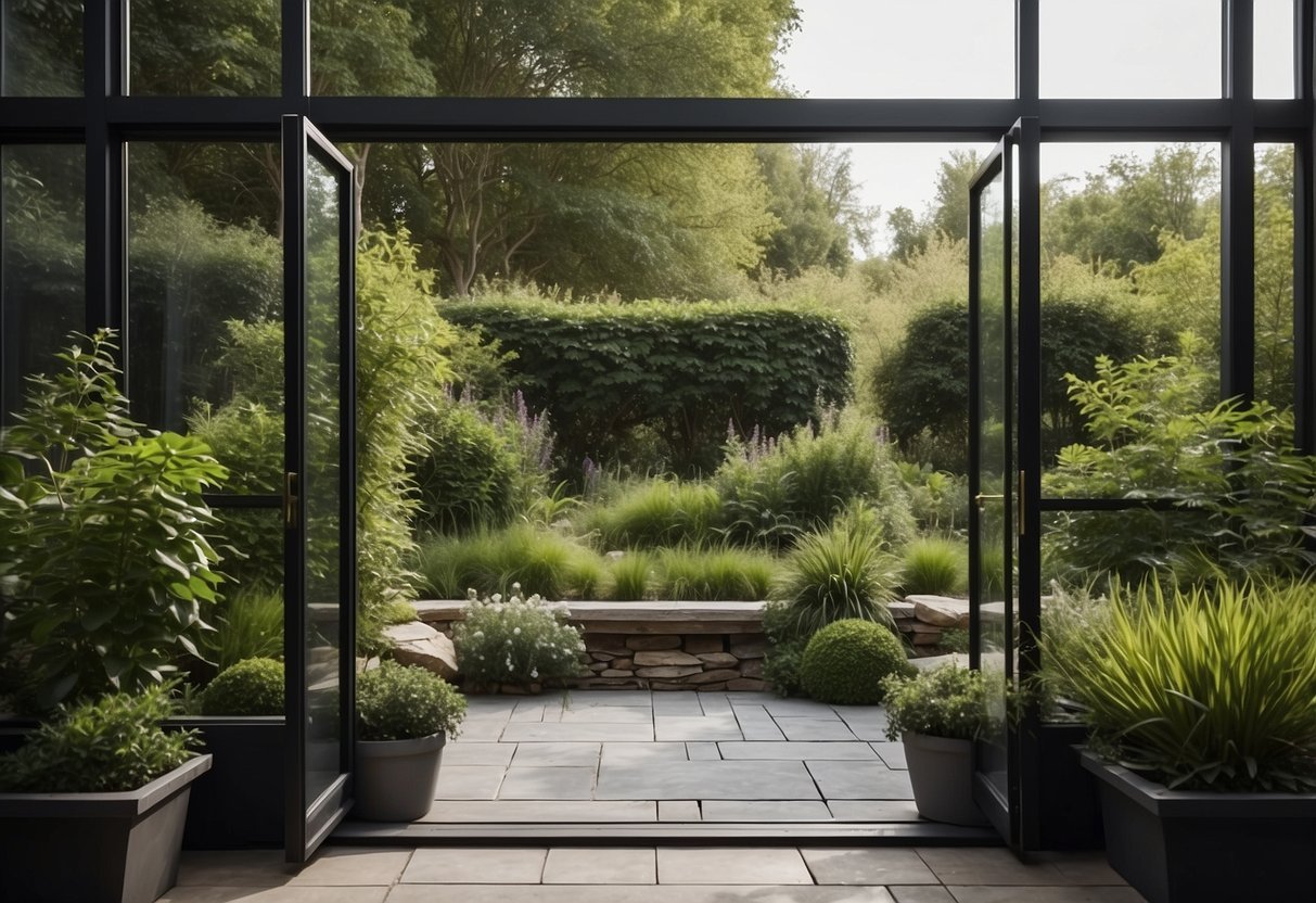 A lush herb garden with bifold doors open, revealing a serene and inviting space for gardening and relaxation