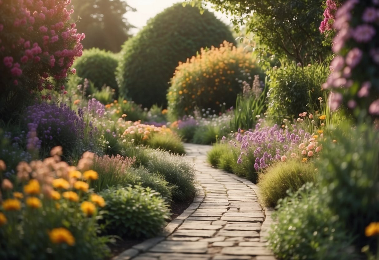 A winding pathway through a vibrant flower garden, leading to bifold doors opening onto a serene outdoor space