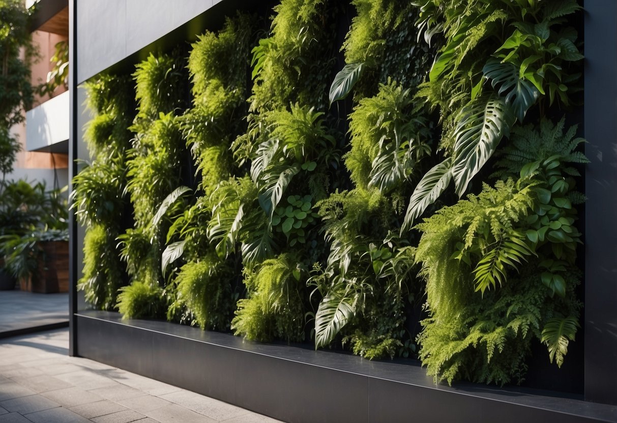 Lush greenery cascades down bifold panels, creating a vibrant vertical garden. Sunlight filters through the leaves, casting a dappled pattern on the doors