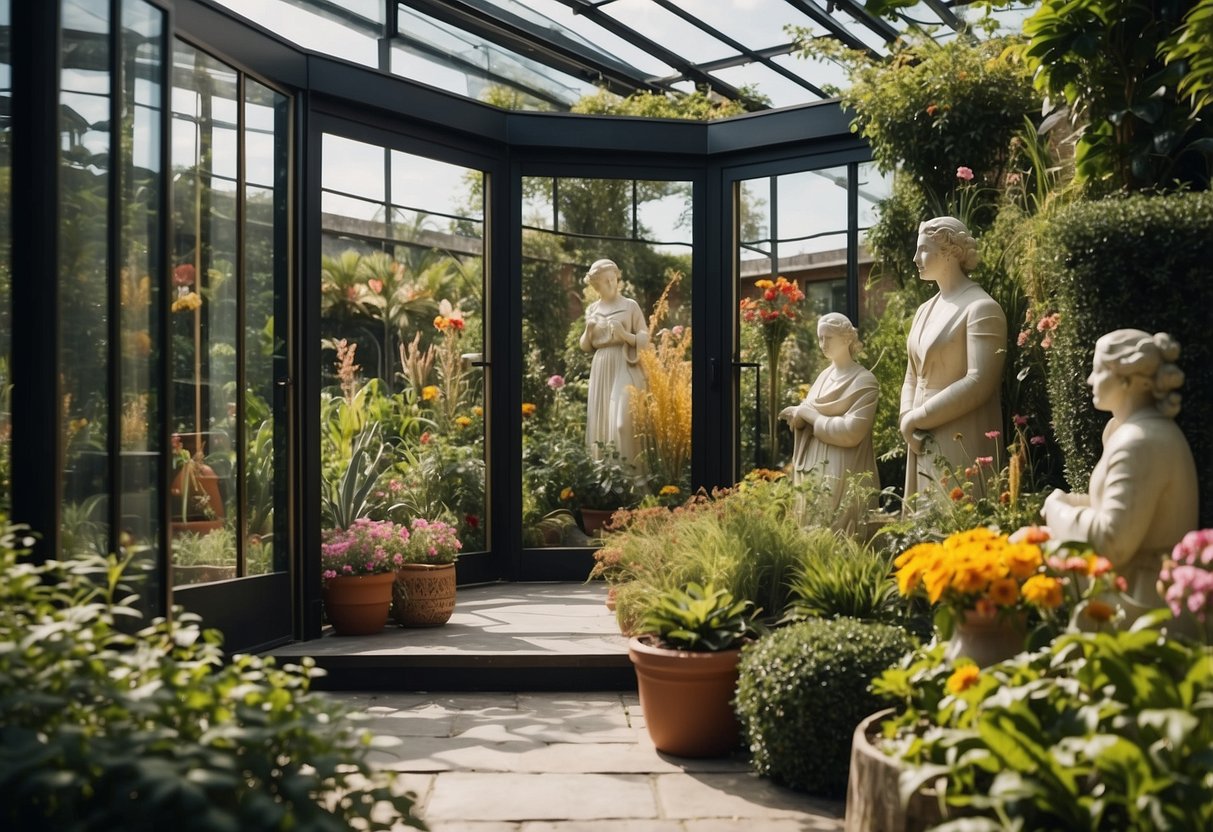 A corner garden with bifold doors, featuring a sculpture garden with various statues and art pieces surrounded by lush greenery and colorful flowers