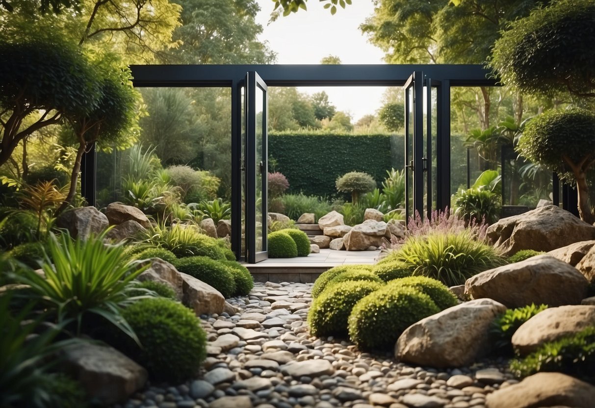 A rock garden with bifold doors open to reveal a lush garden