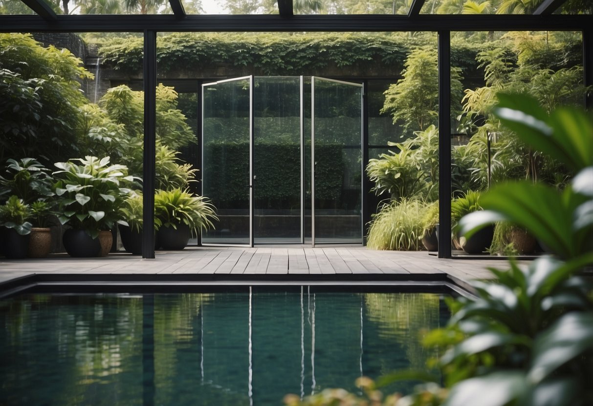 A serene water feature sits near open bifold doors, surrounded by lush greenery and blooming flowers