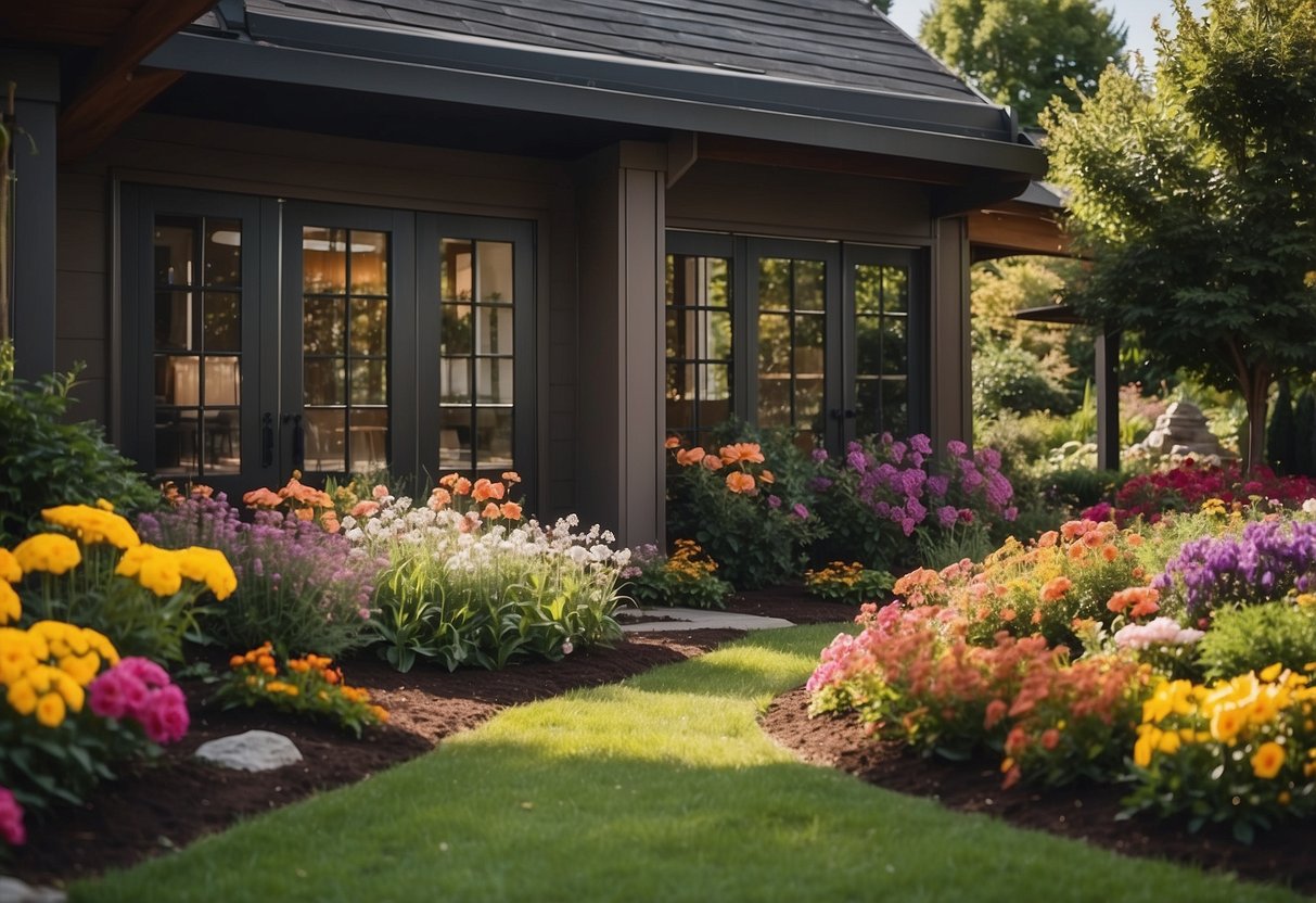 A colorful flower bed blooms outside bifold doors, framing the garden with vibrant seasonal blooms