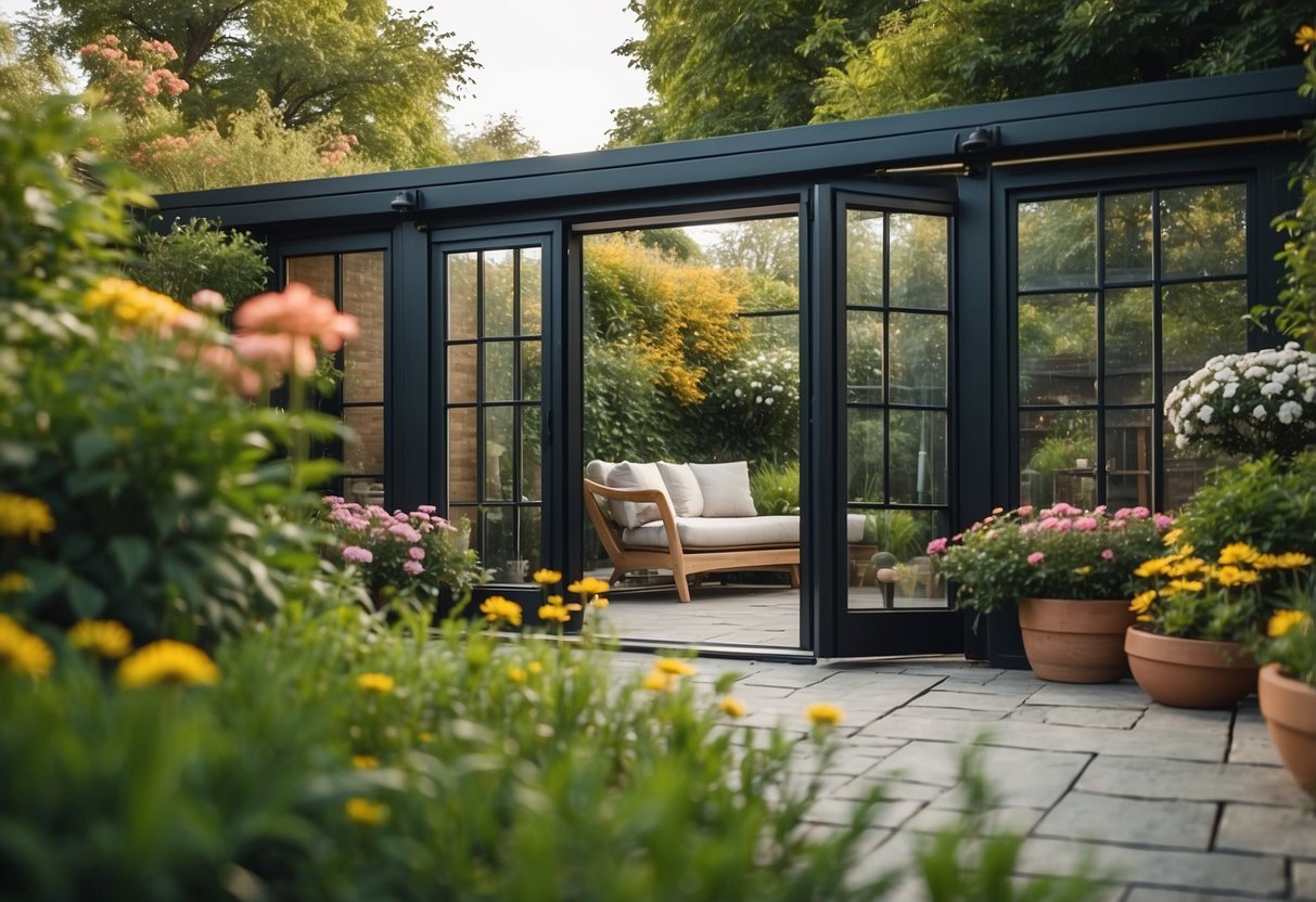 A garden with bifold doors opening to reveal a cozy seating area, surrounded by lush greenery and colorful flowers