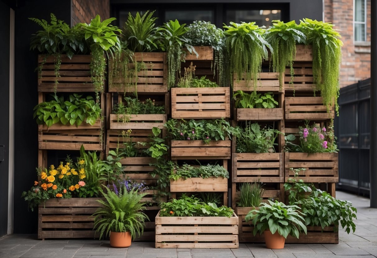 Lush greenery spills from wooden crates, creating a vibrant vertical garden. The crates are stacked against a wall, with cascading foliage and colorful blooms