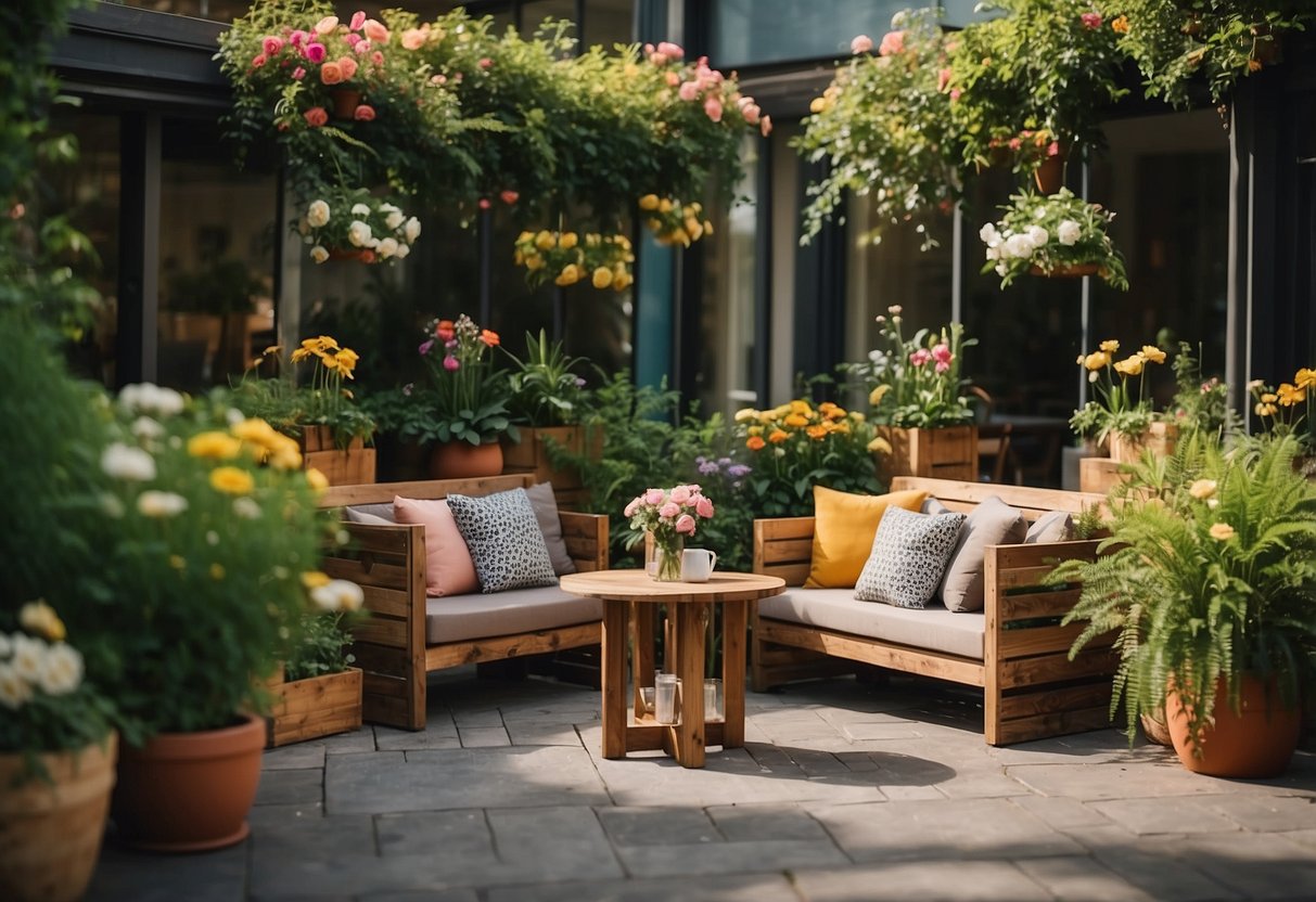 A cozy outdoor seating area with wooden crates used as tables and chairs, surrounded by lush greenery and colorful flowers