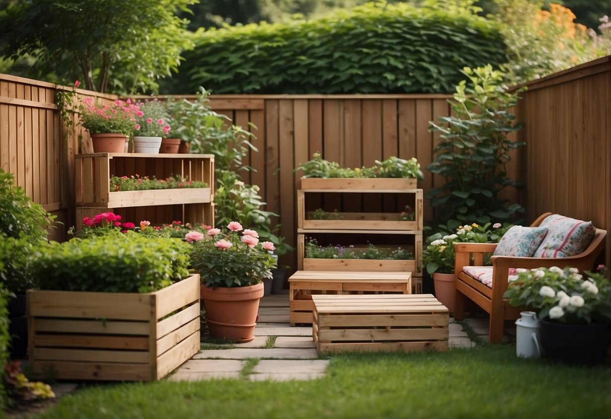 A backyard garden filled with wooden crates used as storage solutions, holding gardening tools, pots, and plants. A cozy seating area is surrounded by lush greenery and colorful flowers