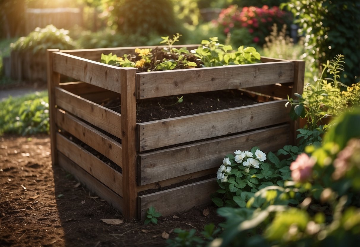 A compost bin sits in a lush garden surrounded by wooden crates. Vines and flowers spill over the edges, creating a vibrant and natural scene