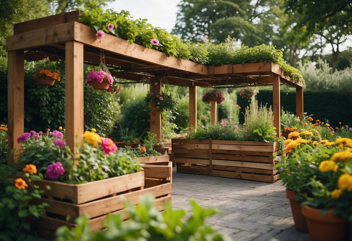 A garden with wooden crates arranged to form a shade structure, surrounded by lush green plants and colorful flowers