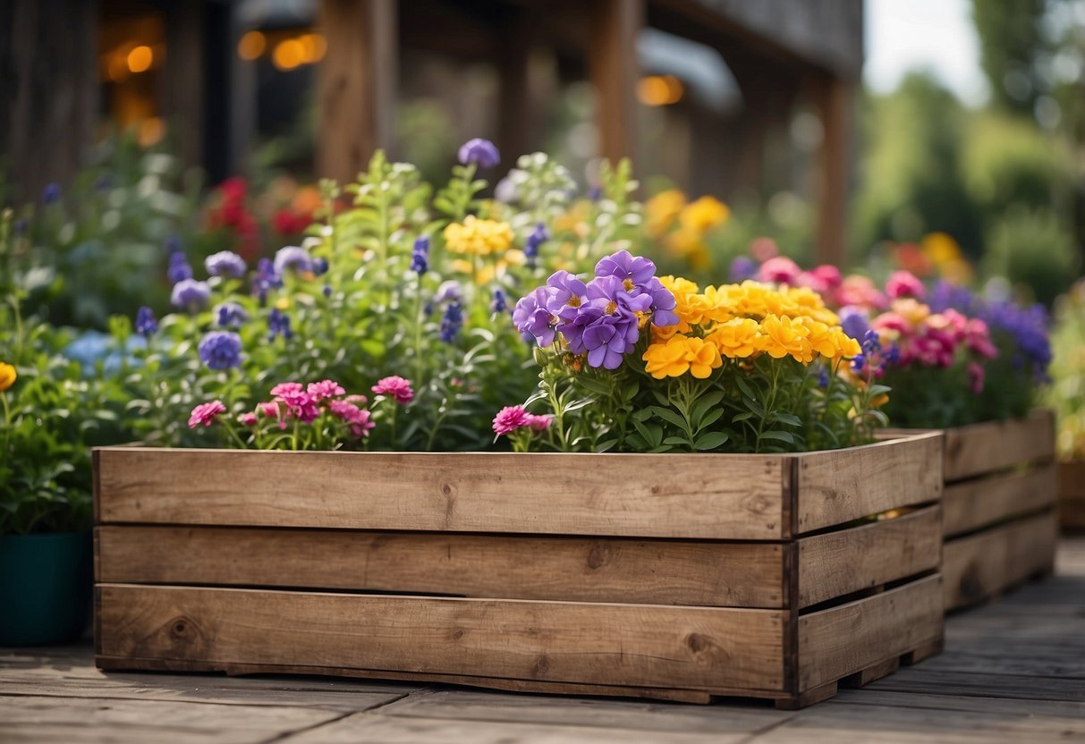 A flower bed garden with wooden crates arranged in a rustic and charming way, filled with colorful flowers and greenery