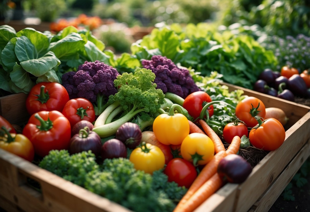 Crates filled with vibrant vegetables arranged in a trough garden, surrounded by lush greenery and blooming flowers