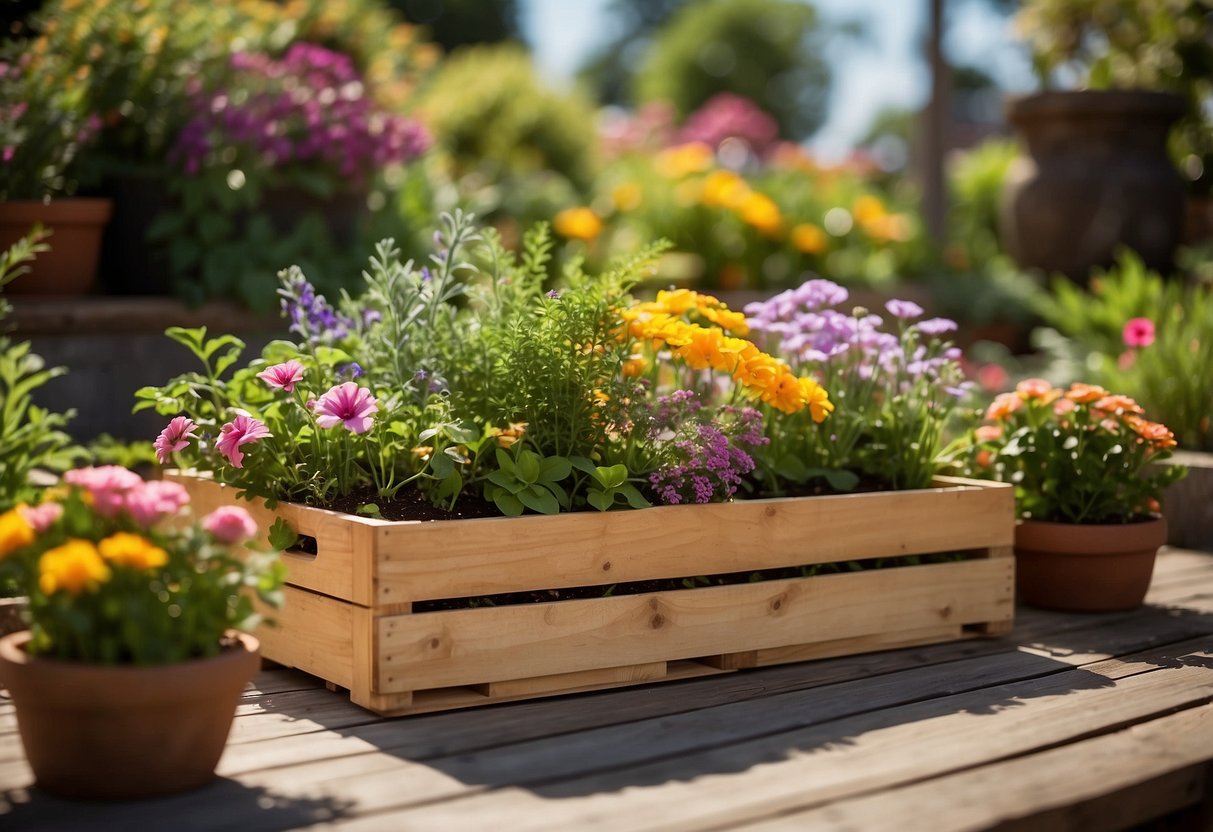 A wooden crate garden sits on a sunny patio. Lush green plants spill over the edges, while colorful flowers bloom in the center. The crates are arranged in a neat and organized fashion, creating a beautiful and functional garden display