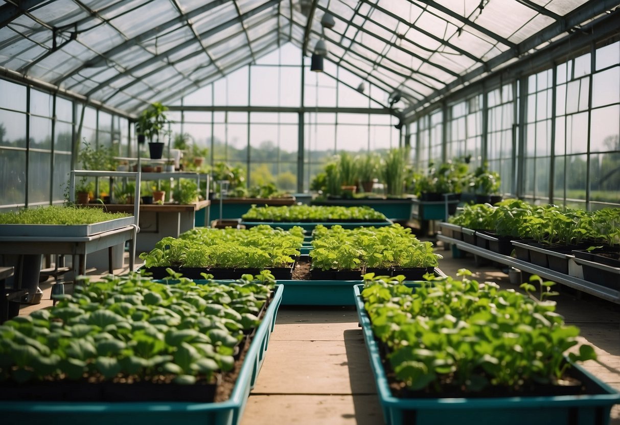 A greenhouse with aquaponics setup: fish tanks, grow beds, pipes, and plants thriving in a sustainable and eco-friendly system