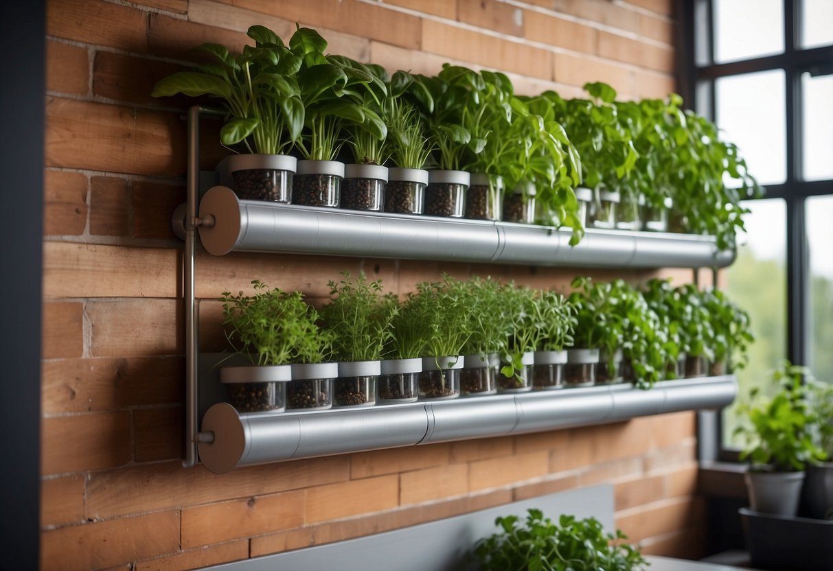 A wall-mounted herb garden with hydroponic setup, featuring cascading greenery and clear tubes for water circulation