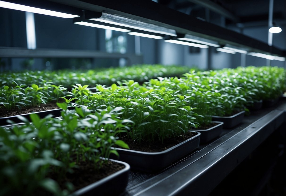 Lush green plants grow in nutrient-rich water. LED lights provide artificial sunlight. Nutrient solution pumps through the system, nourishing the plants