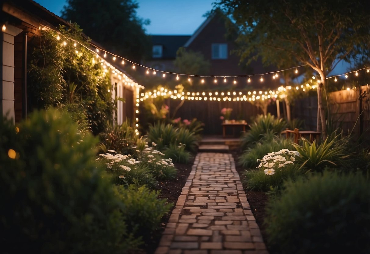 A lush backyard garden adorned with twinkling fairy lights creates a magical oasis