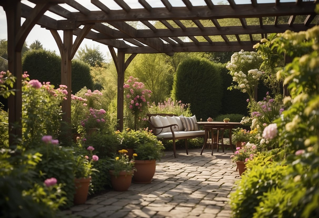 A rustic wooden pergola stands in a lush backyard garden, surrounded by blooming flowers and green foliage, creating a tranquil oasis