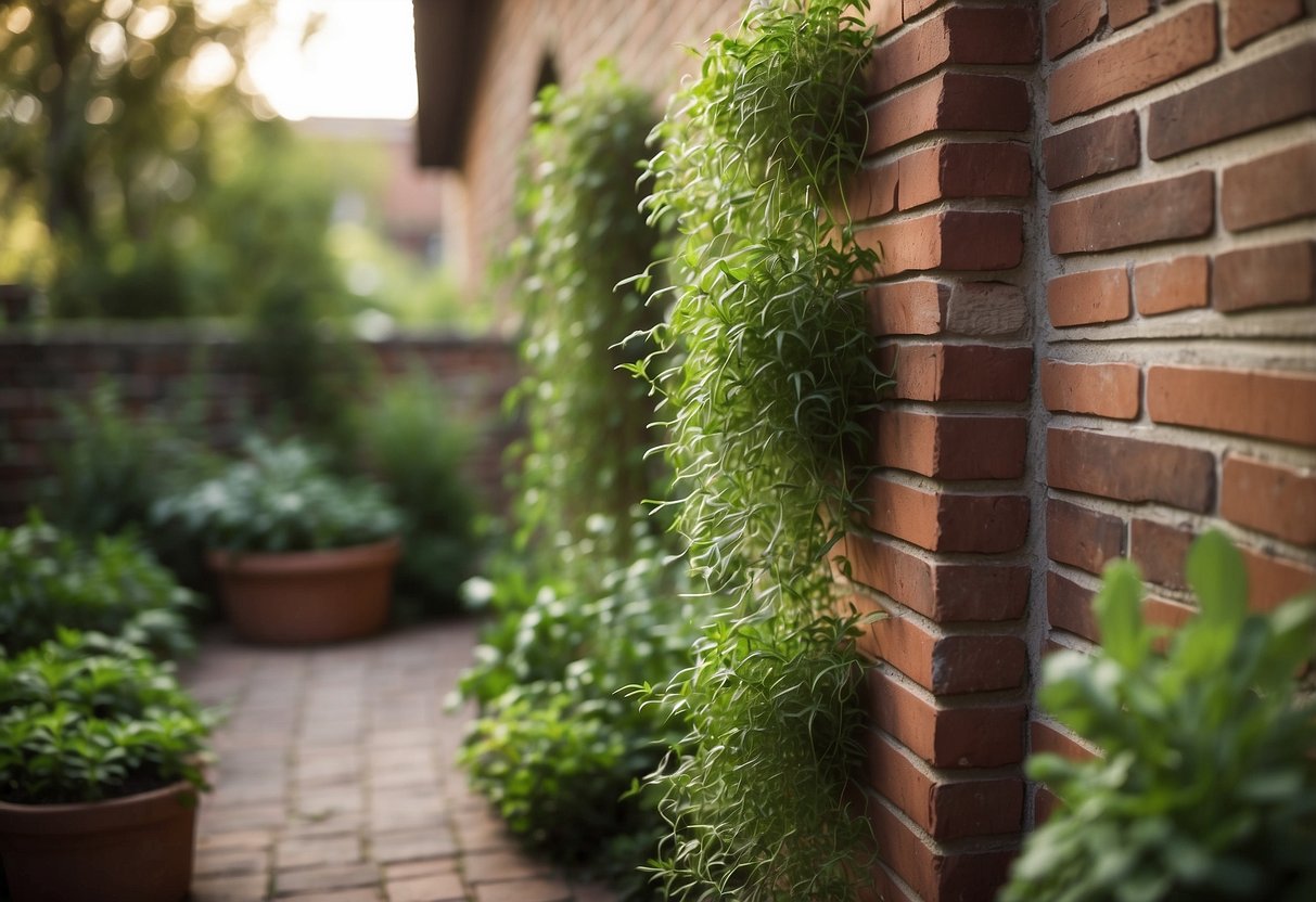 A tall, narrow herb garden grows against a brick wall in a lush backyard oasis. Various herbs and plants cascade down the vertical structure, creating a beautiful and functional garden display