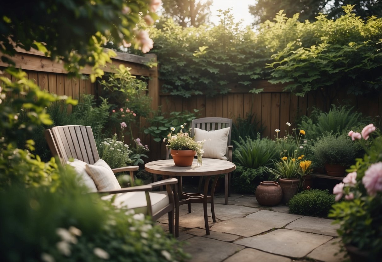 A cozy outdoor seating nook nestled in a lush backyard garden oasis, surrounded by blooming flowers and greenery, with a small table and comfortable chairs