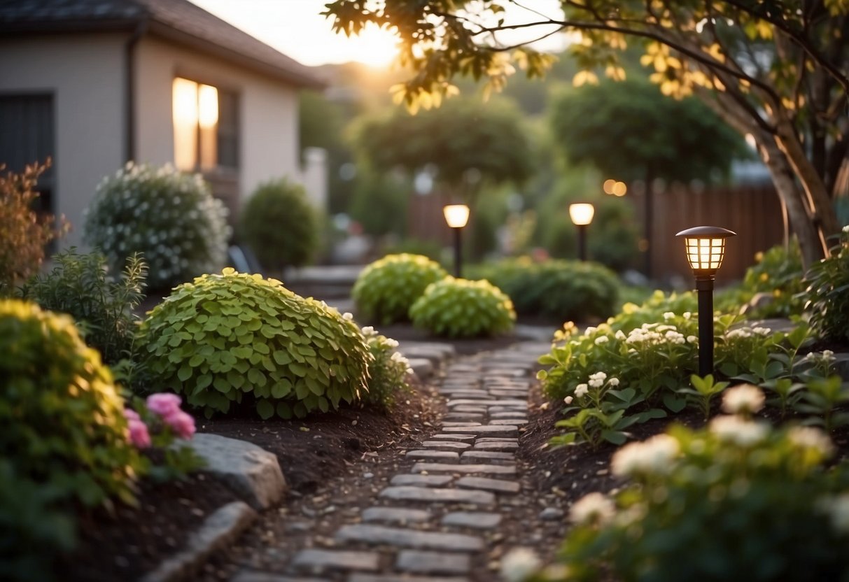 A backyard garden with solar-powered lights illuminating the pathways and creating a cozy, relaxing atmosphere for outdoor gatherings